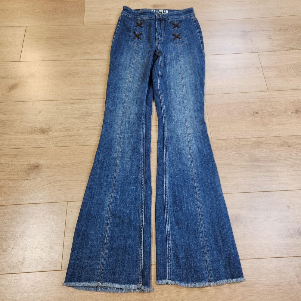 Idyllwind Lace Flare Jeans Womens 0W/34L Medium Wash Blue Mid Rise Raw Hem Denim